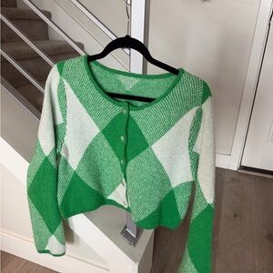 Green and White Argyle Women's Sweater